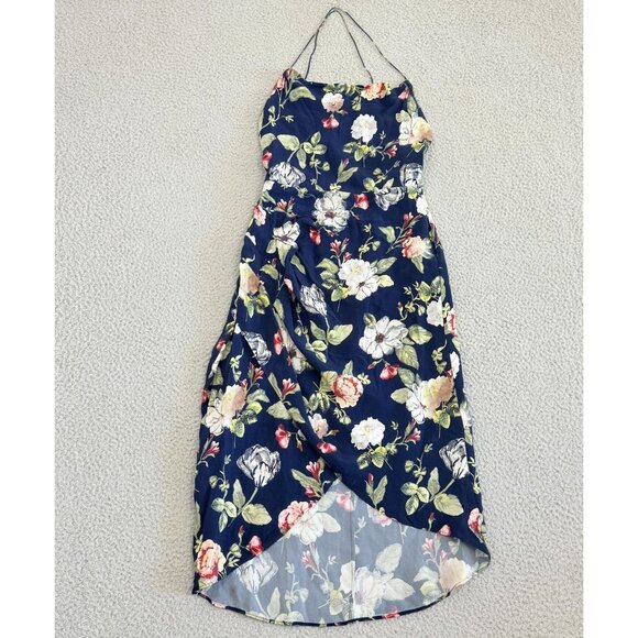 Alice + Olivia Dress Blue Floral Halter High Low Midi Low Cut Back - Picture 1 of 13